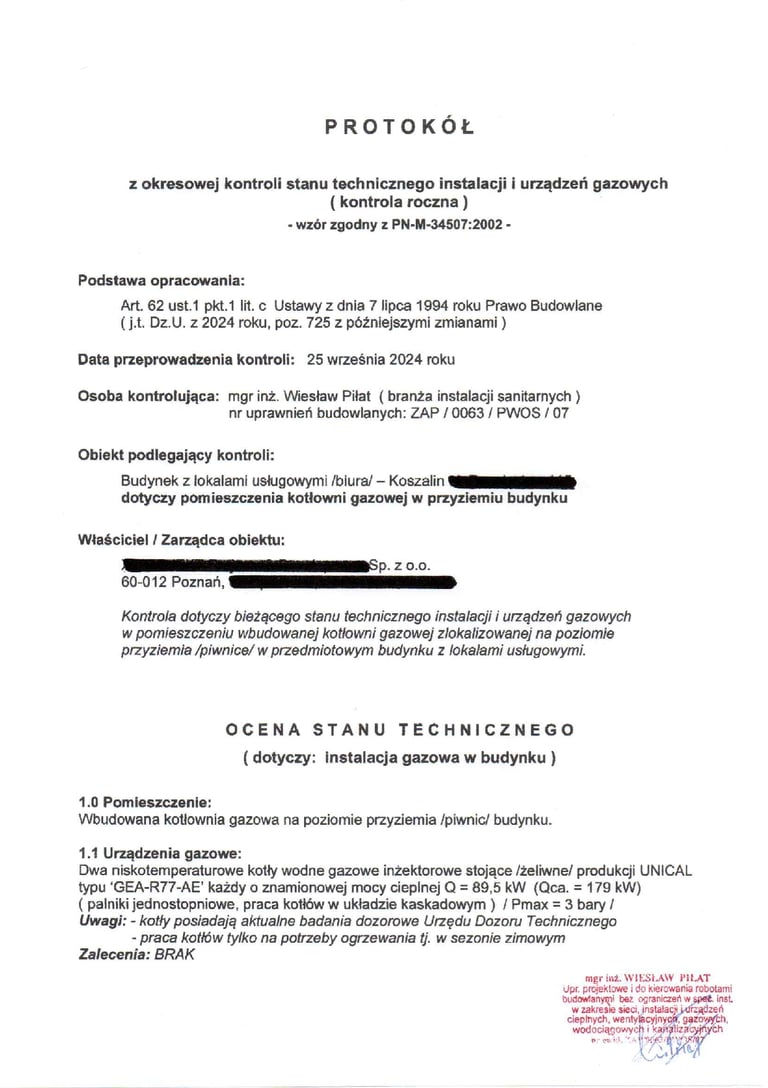 Protokół z okresowej kontroli stanu technicznego instalacji i urządzeń gazowych