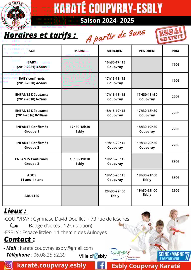 tableau des horaires et des tarifs des cours de karaté.