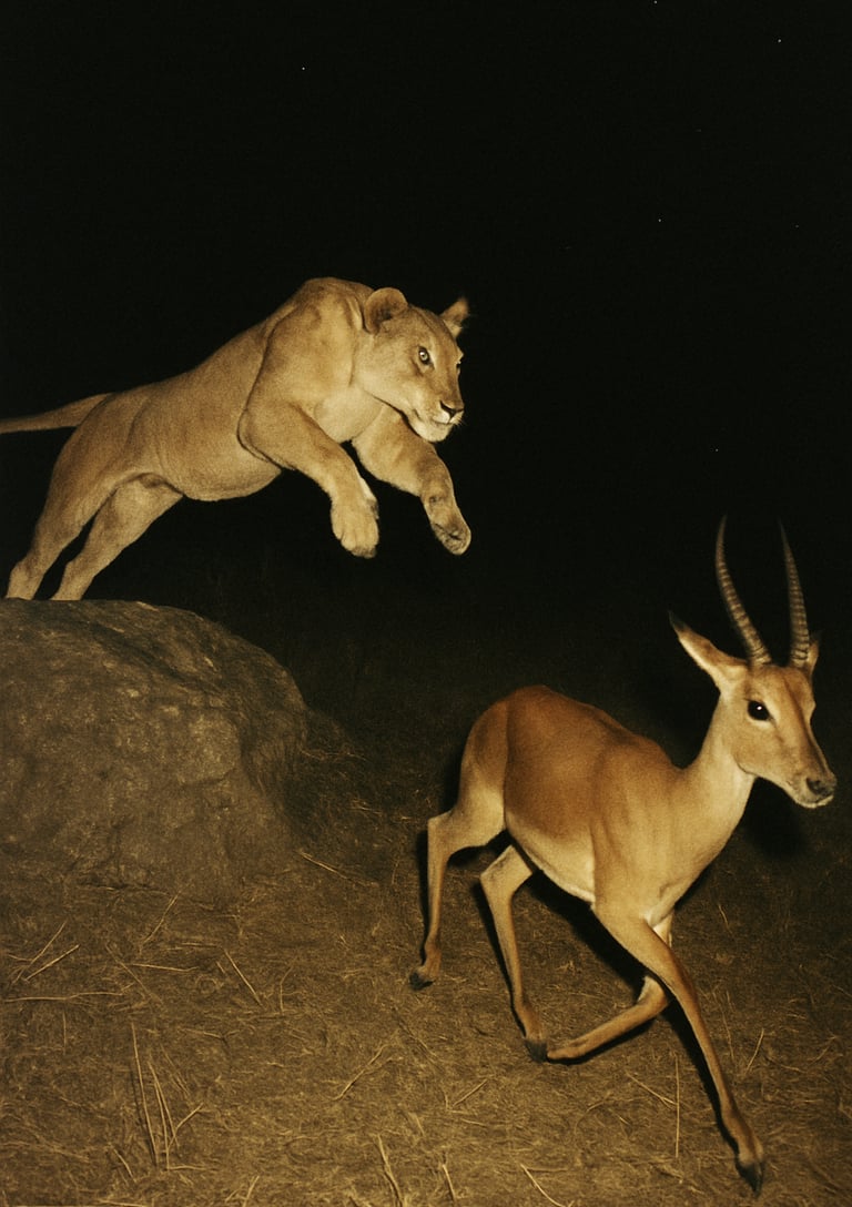 Une lionne chasse une antilope pour la journée du lion.