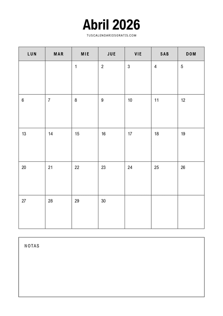 calendario abril 2026 minimalista para imprimir con espacio para notas