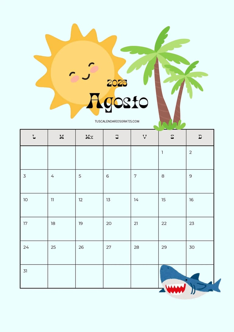 Calendario agosto 2026 kawaii para imp