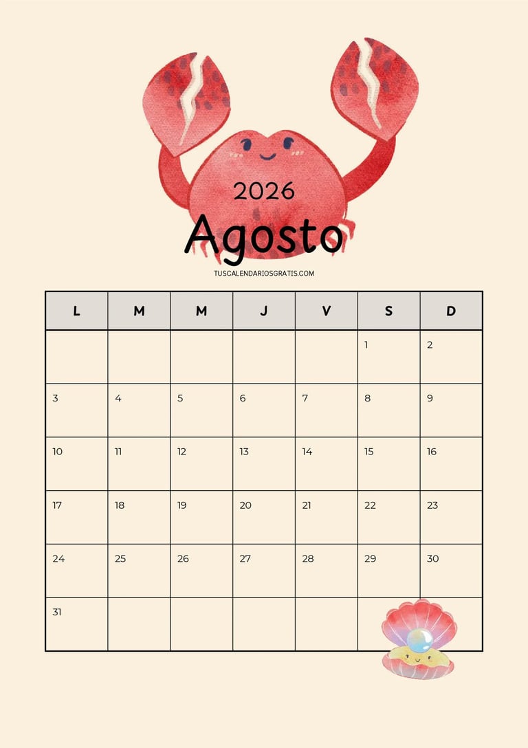 Calendario agosto 2026 para imprimir gratis con diseño playero, cangrejo adorable y almeja con perla