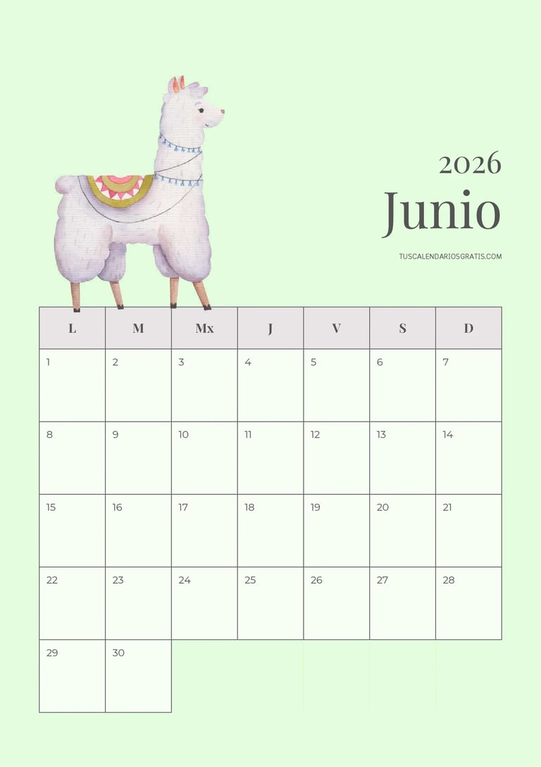 calendario junio 2026 con llama para imprimir diseño bonito organización planificación mensual grati