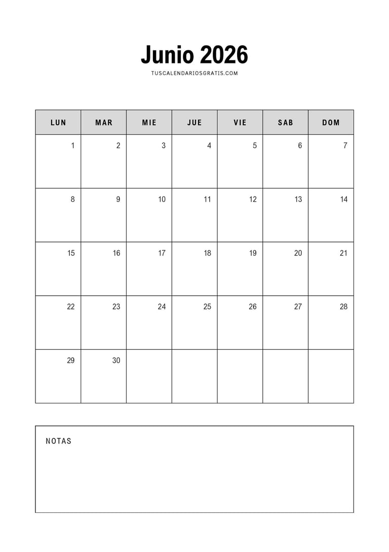 calendario junio 2026 minimalista con espacio para notas para imprimir