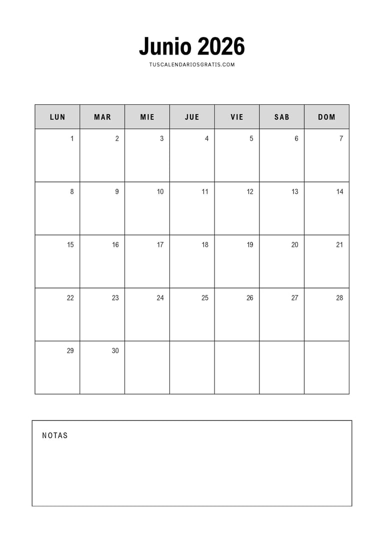 calendario junio 2026 minimalista con espacio para notas pdf