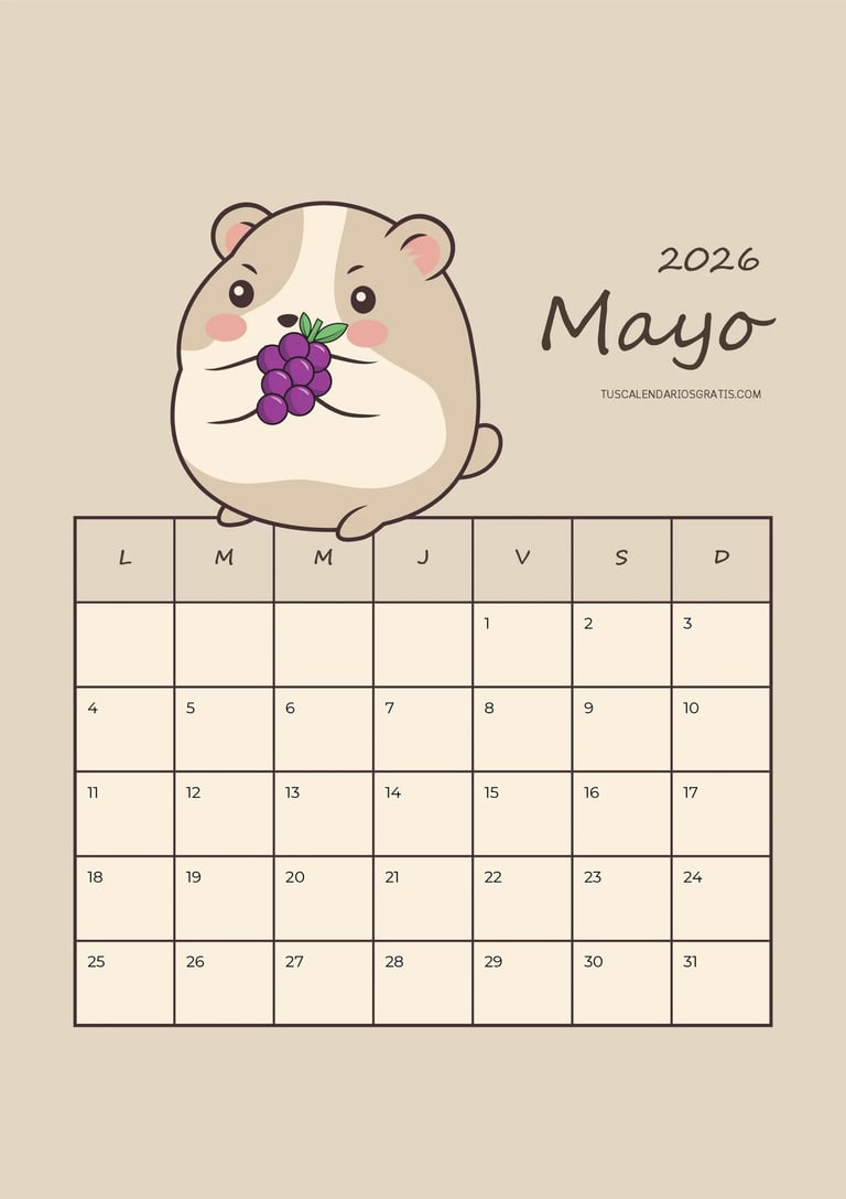 Calendario mayo 2026 kawaii con hámster adorable comiendo uvas en diseño colorido para imprimir