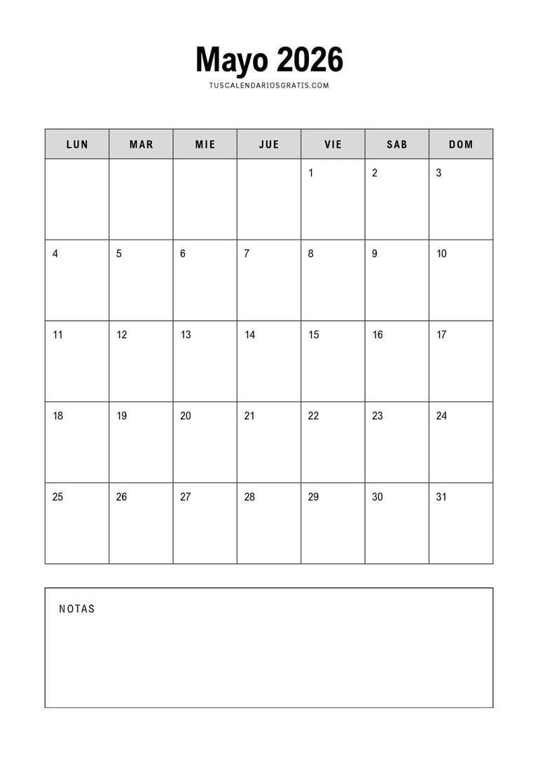 calendario Mayo 2026 minimalista para imprimir con espacio para notas