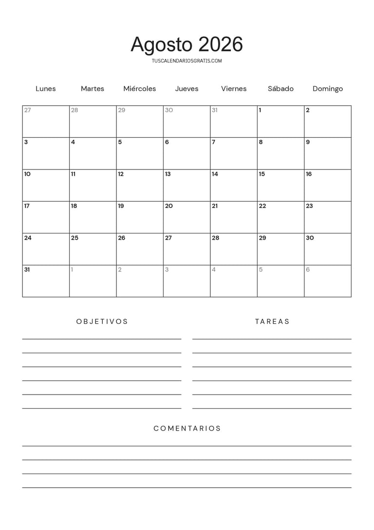 Calendario agosto 2026 minimalista para imprimir gratis con espacio para objetivos, tareas y planifi