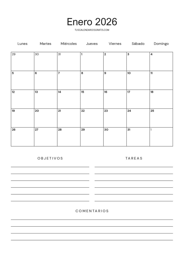 calendario mensual 2026 minimalista con espacio para objetivos y tareas para imprimir