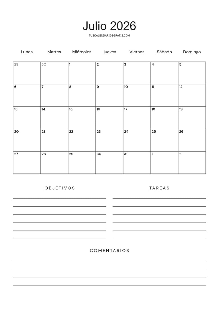calendario julio 2026 minimalista para imprimir con objetivos y tareas diseño limpio organización me