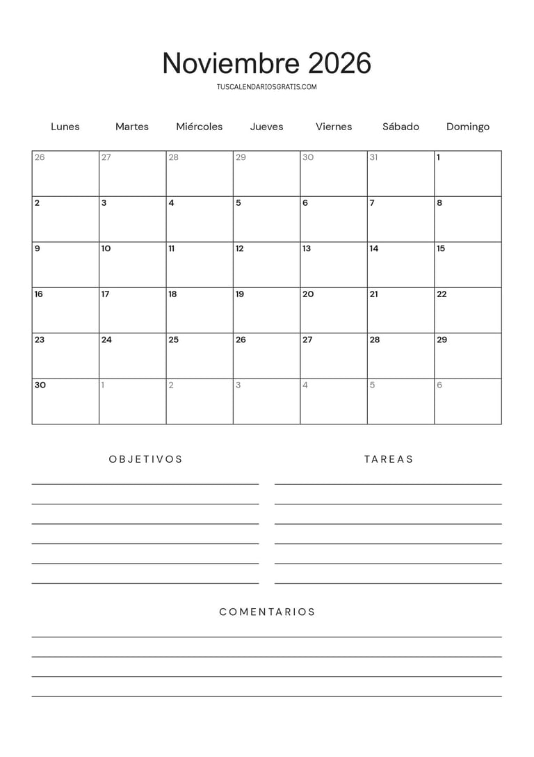 Calendario noviembre 2026 minimalista especial objetivos para imprimir gratis en tamaño A4 con diseñ