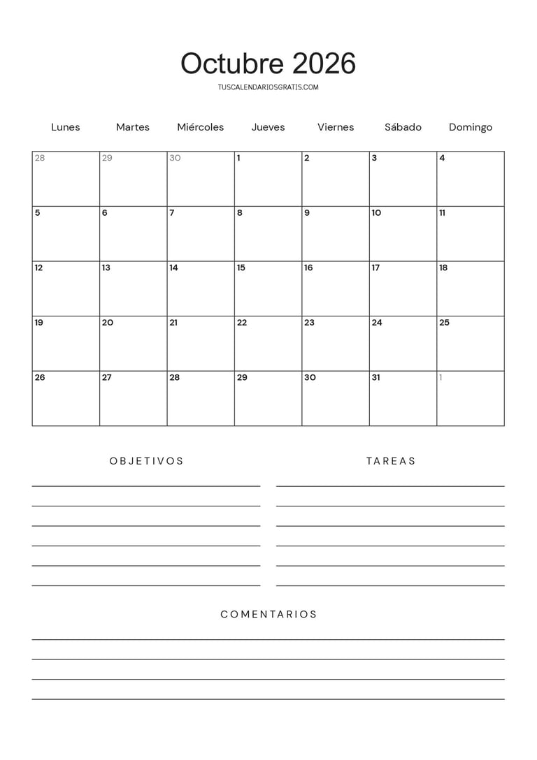 Calendario octubre 2026 minimalista para imprimir gratis con espacio para objetivos, tareas y organi