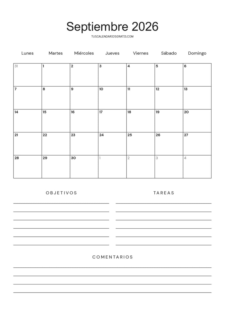 Calendario septiembre 2026 minimalista para imprimir gratis con espacio para objetivos, tareas, orga