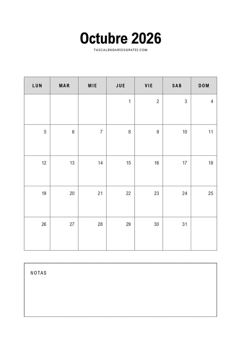 Calendario octubre 2026 minimalista para imprimir gratis en formato mensual organizado y elegante