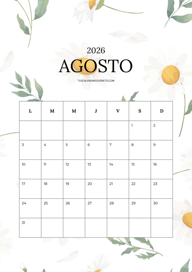 Calendario agosto 2026 floral imprimible bonito con margaritas