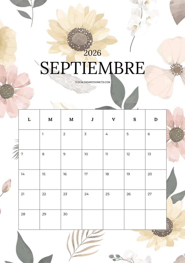 Calendario septiembre 2026 floral imprimible bonito
