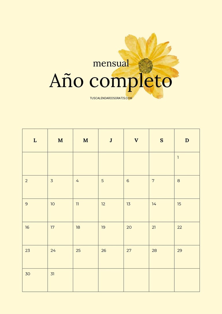 imagen de Calendario mensual genérico para menú archivos año completo
