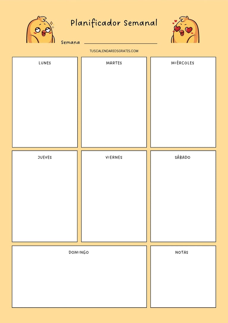 Planificador semanal kawaii amarillo para imprimir con pajaritos adorables diseño divertido organiz