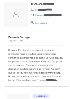 avis client qui félicite l'agent immobilier pour son travail