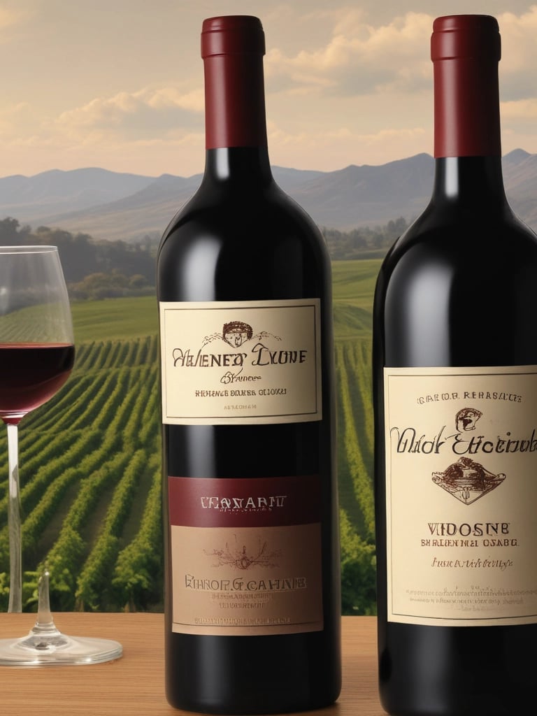 A vibrant photograph of a deep red Merlot bottle next to a glass filled with rich red wine on a wooden table.
