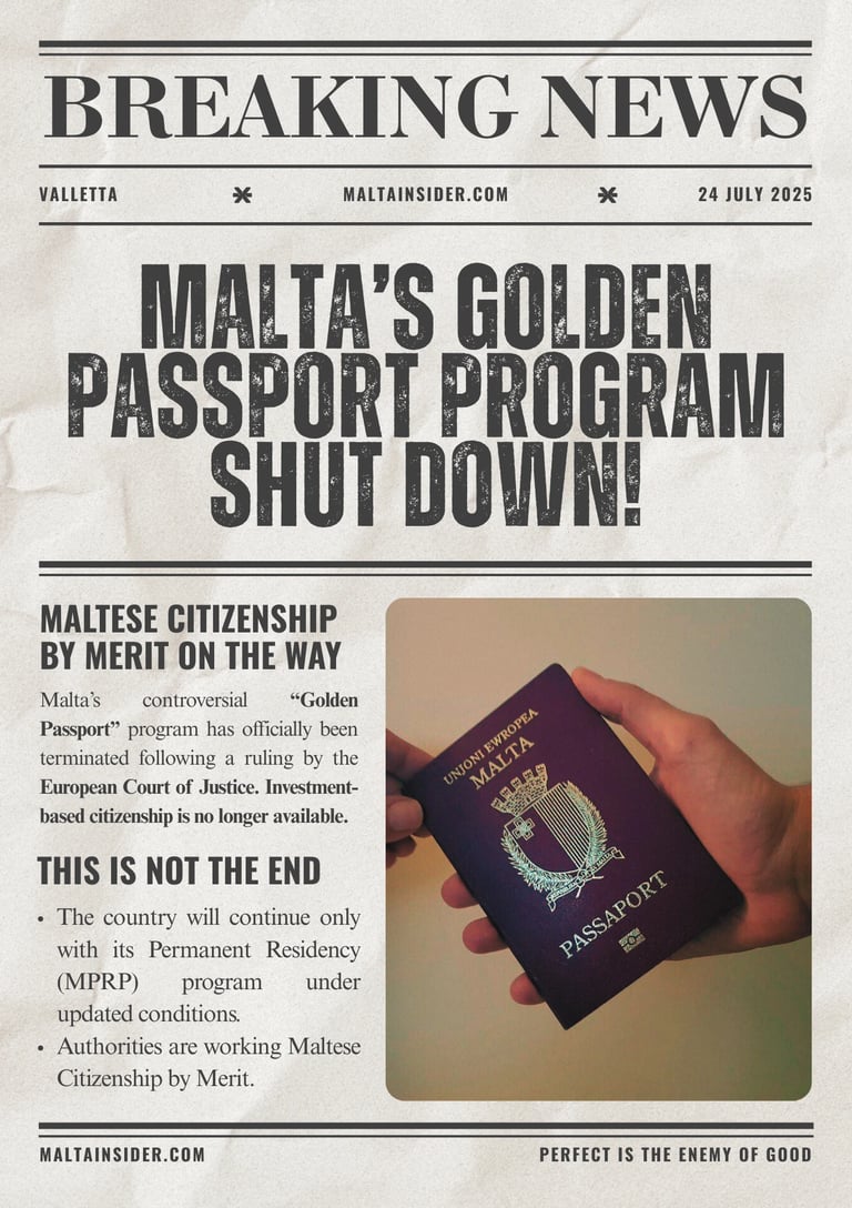 Malta Magazine Cover for Golden Passport. Citizenship by Investment is not exist anymore