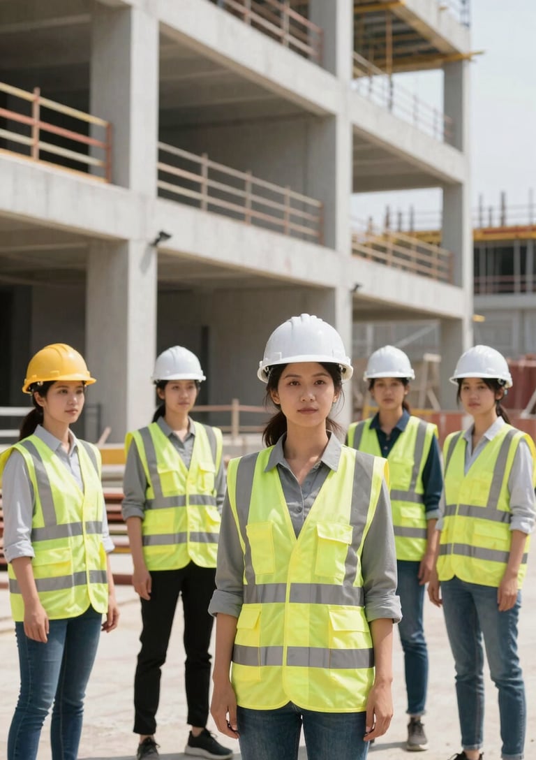 Professional shot of a diverse team of women in clean, high-visibility branded safety gear on an active commercial construction site, bright daylight, sharp focus, industrial aesthetic, 35mm.