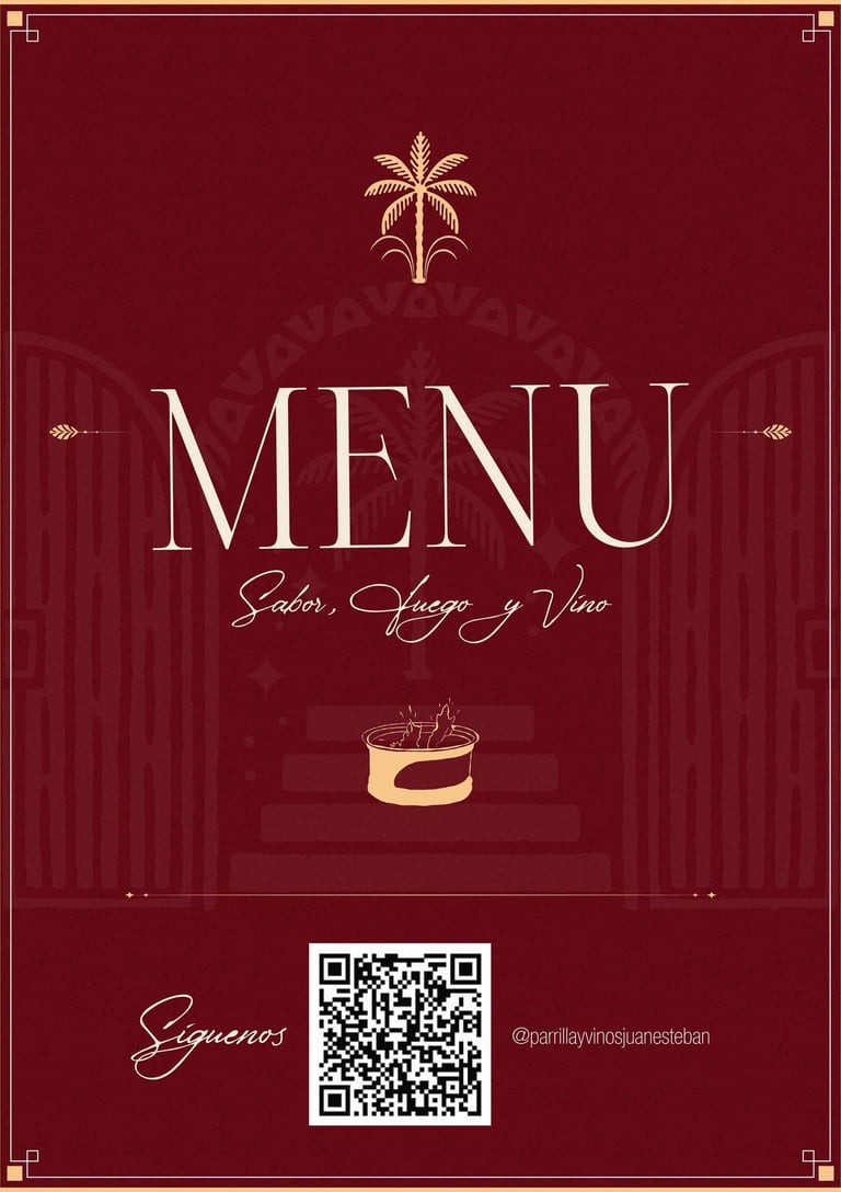 Menú de Parrilla y Vinos Juan Esteban con diseño elegante y lema “Sabor, Fuego y Vino”.
