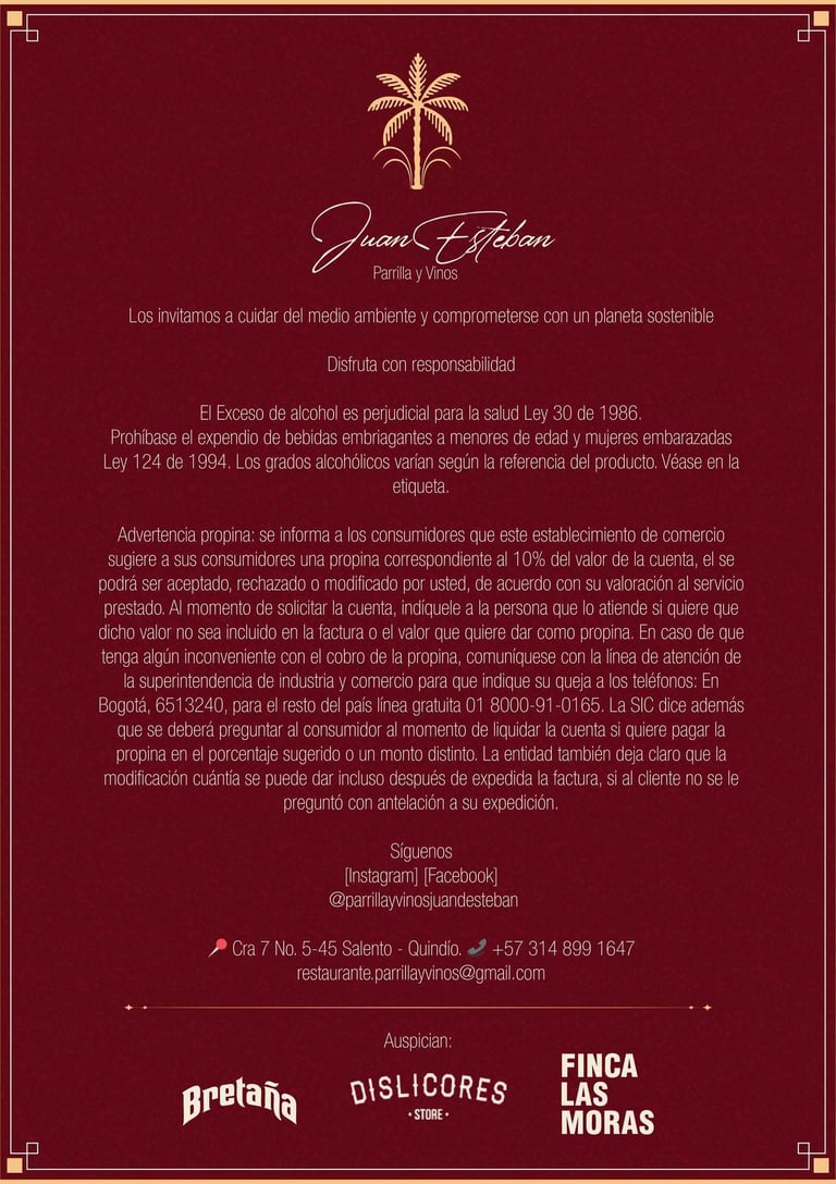 Cartel informativo de Parrilla y Vinos Juan Esteban en Salento, con mensajes de consumo responsable,