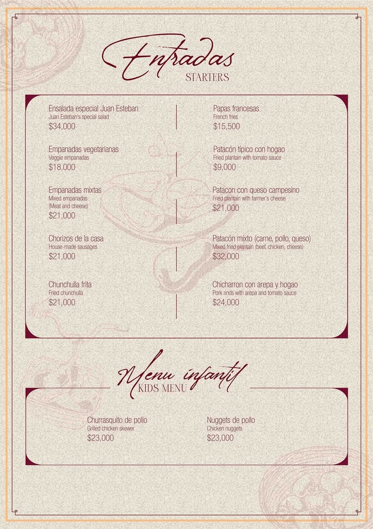 Menú de entradas y opciones infantiles de Parrilla y Vinos Juan Esteban, con platos típicos 