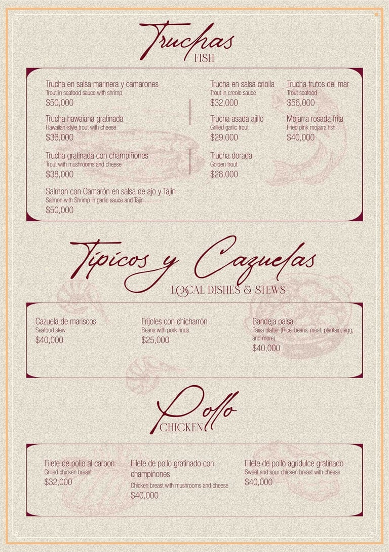 Menú de platos típicos en Parrilla y Vinos Juan Esteban, con opciones de trucha 