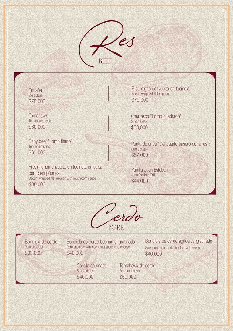 Menú de carnes en Parrilla y Vinos Juan Esteban, con cortes de res y cerdo como entraña, tomahawk