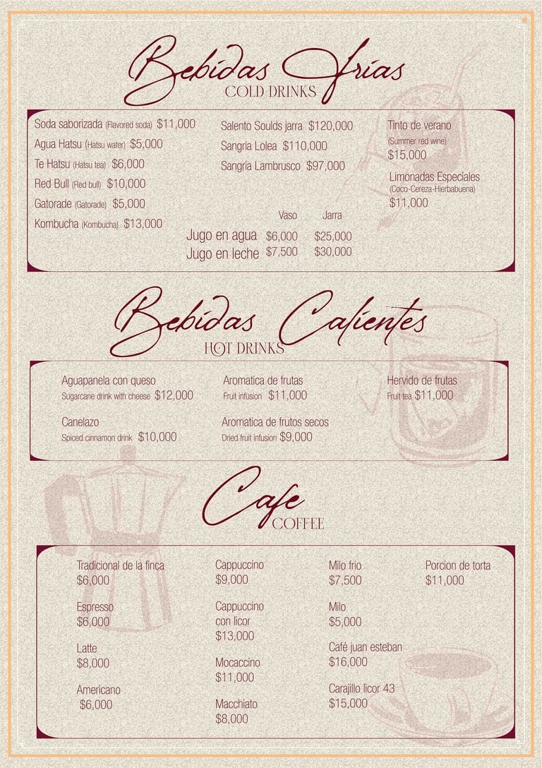 Menú de bebidas en Parrilla y Vinos Juan Esteban, con opciones frías como jugos, sodas y sangría,