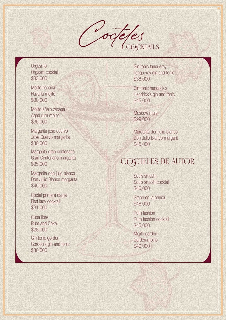 Menú de cocteles en Parrilla y Vinos Juan Esteban, con opciones clásicas y de autor