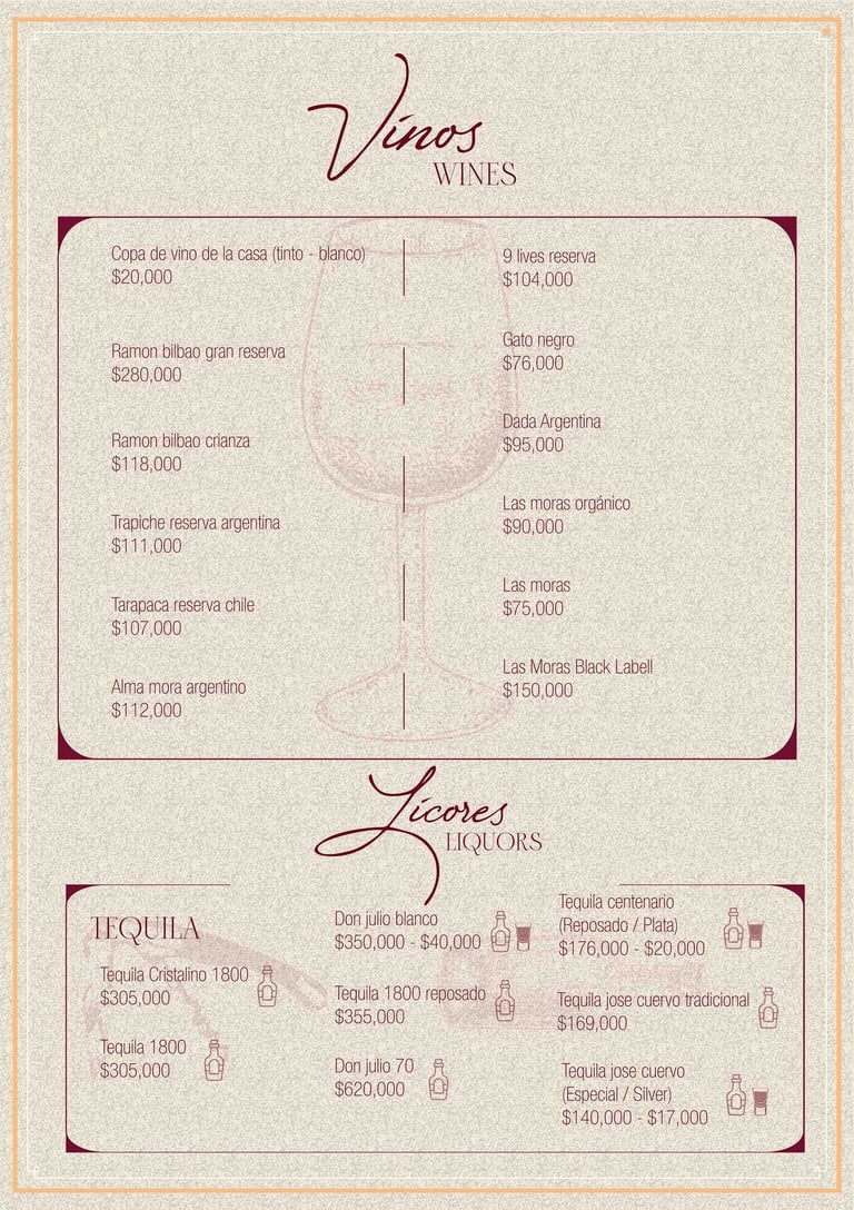 Menú de vinos y licores con etiquetas premium, ideal para acompañar platos aa parrilla en Salento,  