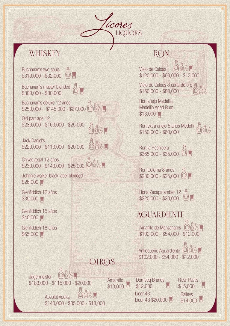 Lista de licores en Parrilla y Vinos Juan Esteban, con variedad de whiskies, rones, aguardientes 