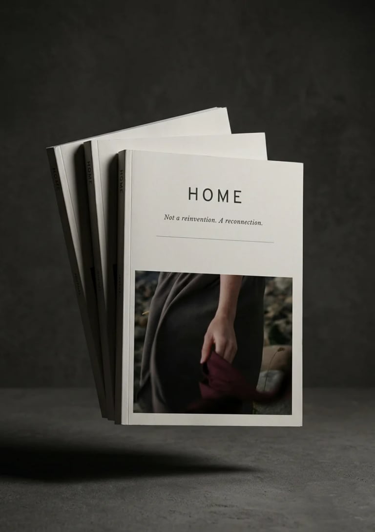 A stack of minimalist HOME lifestyle journals floating against a dark, textured gray background.