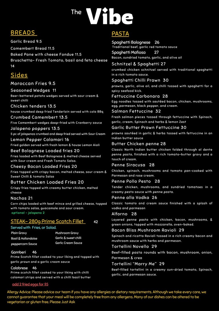 Menu for The Vibe restaurant featuring bread, sides, steak, and a large selection of pasta dishes with prices.