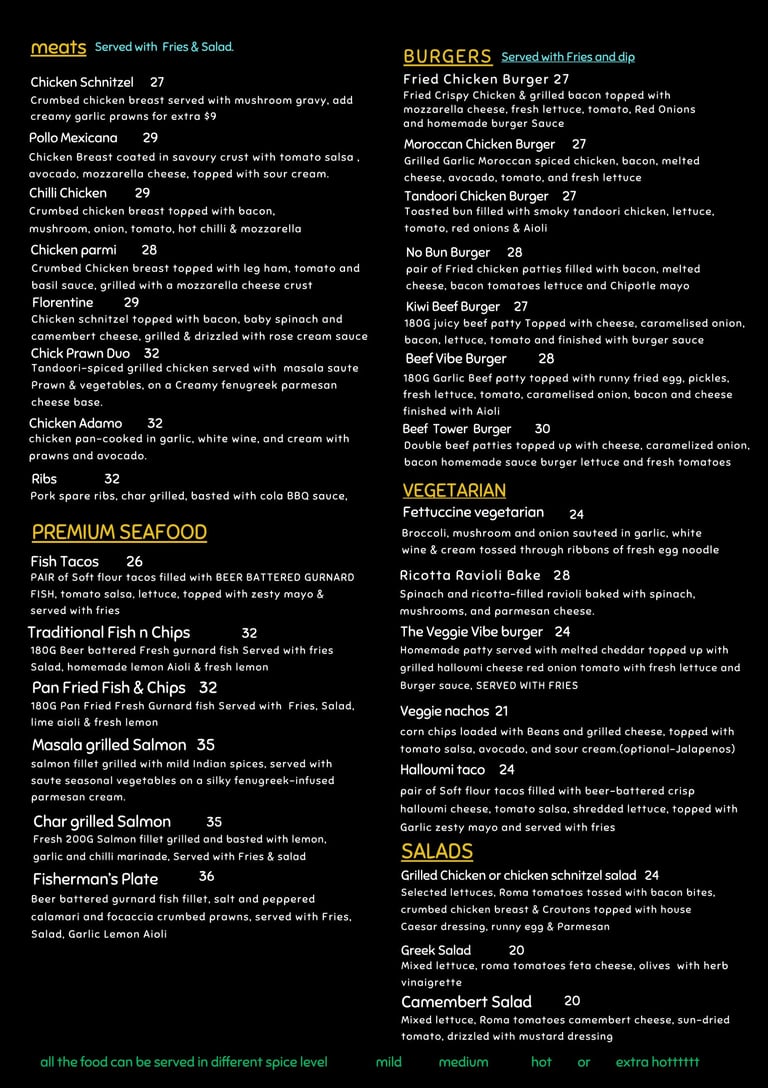 Menu layout featuring sections for meats, premium seafood, burgers, vegetarian dishes, and salads with pricing.