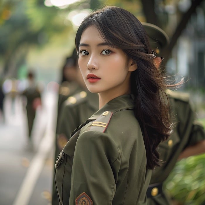 Beautiful Asian girl in military uniform