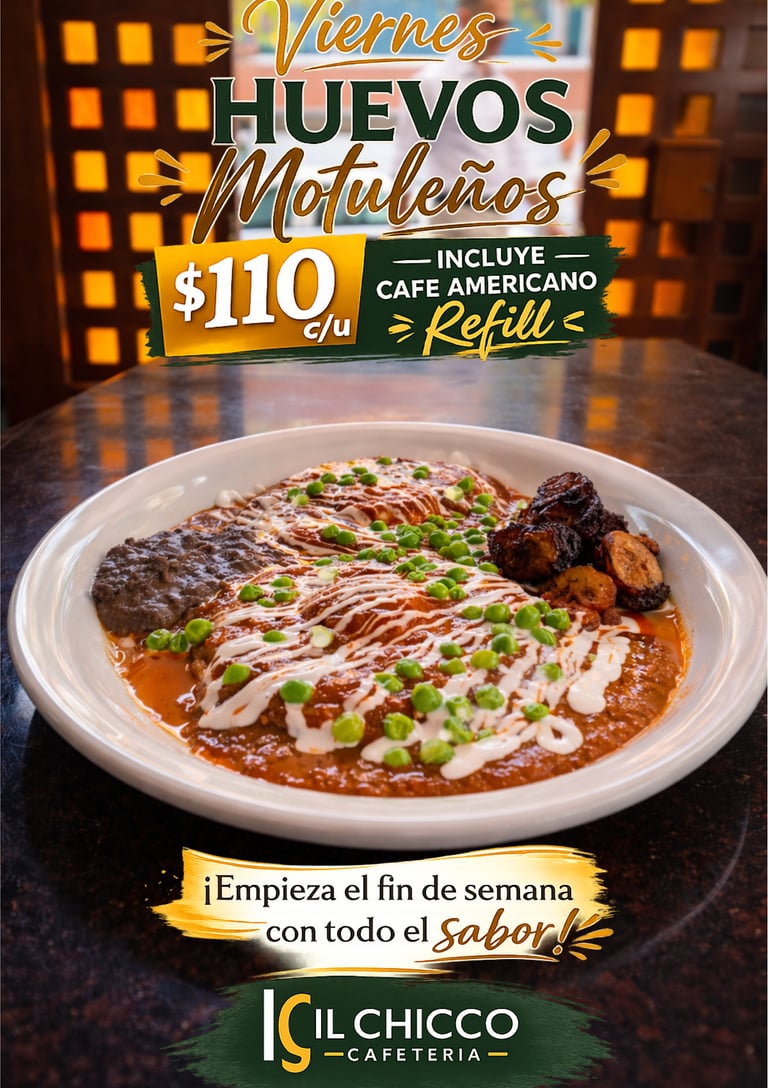 Huevos motuleños en promoción en IL CHICCO con frijoles, salsa y café americano servido en plato