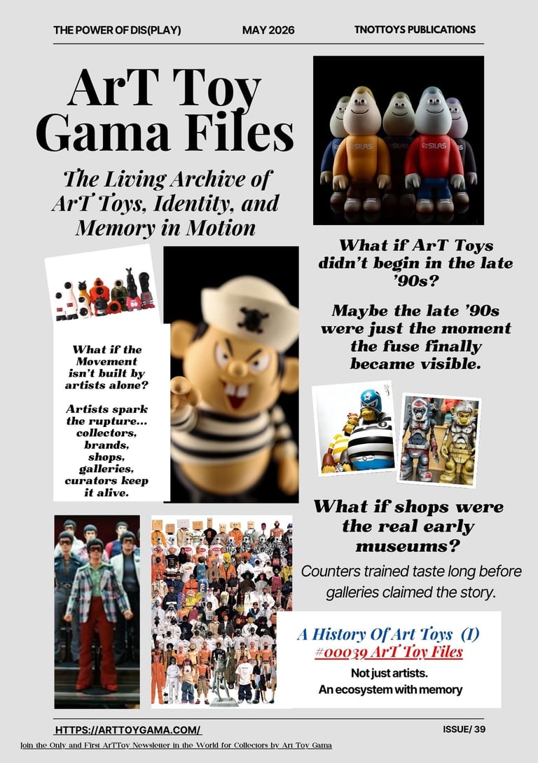 A magazine cover for Art Toy Gama Files featuring various designer vinyl figures and collectible art toys.