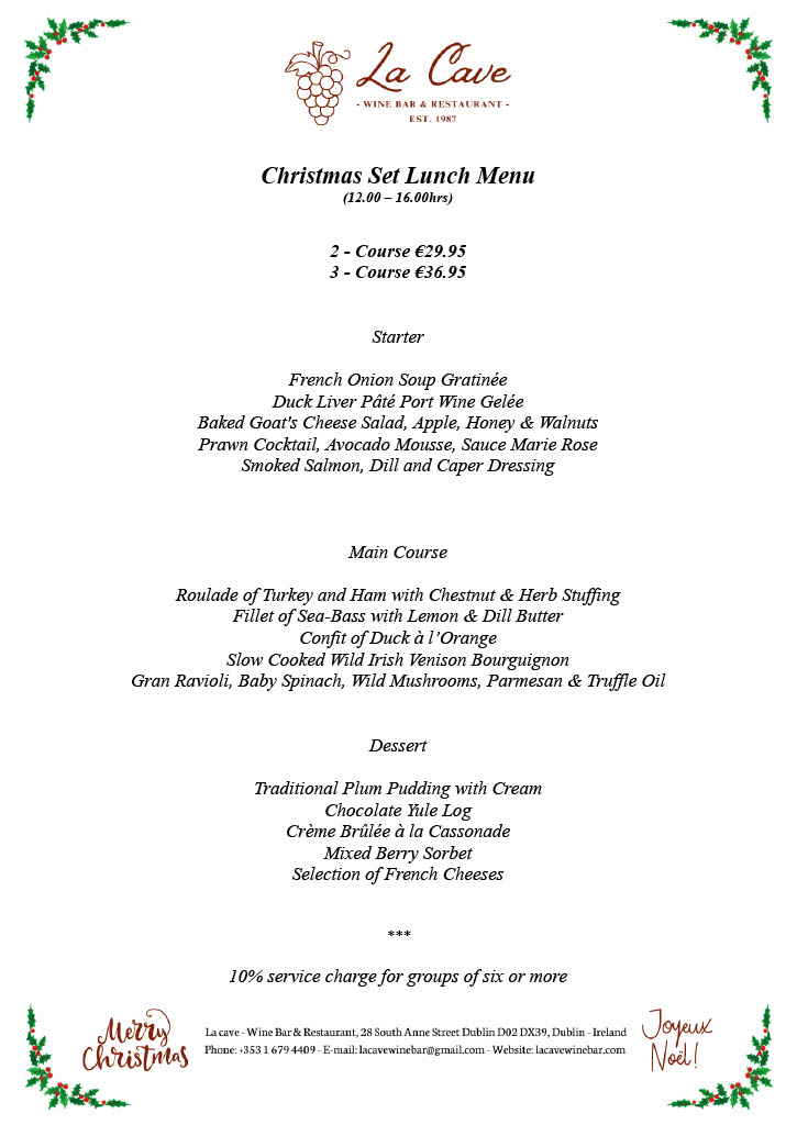 a Lunch menu for a Christmas at la cave