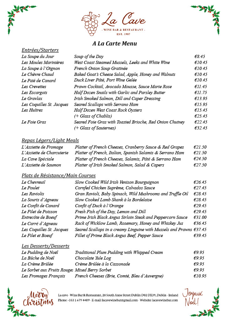 a A la carte menu for a Christmas at la cave