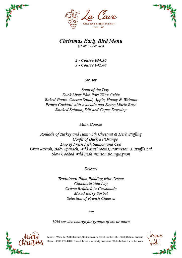 a Early bird menu for a Christmas at la cave