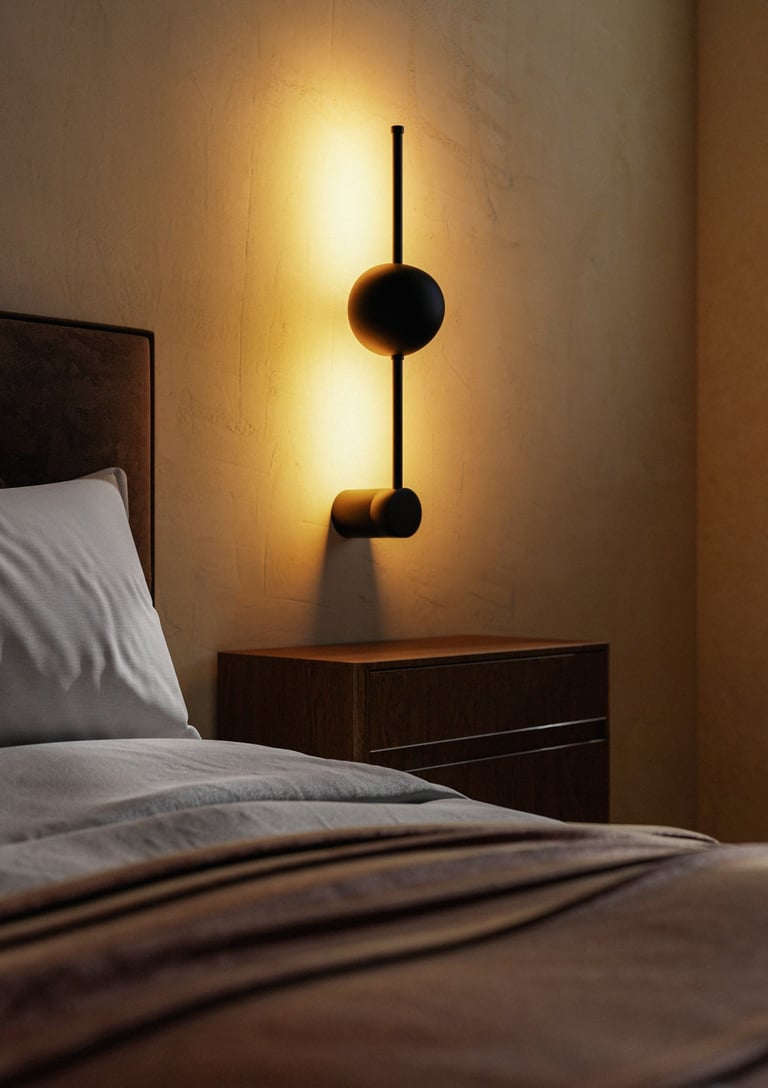 Rendu 3D photoréaliste d’une chambre moderne avec applique murale noire design diffusant une lumière chaude, table de chevet