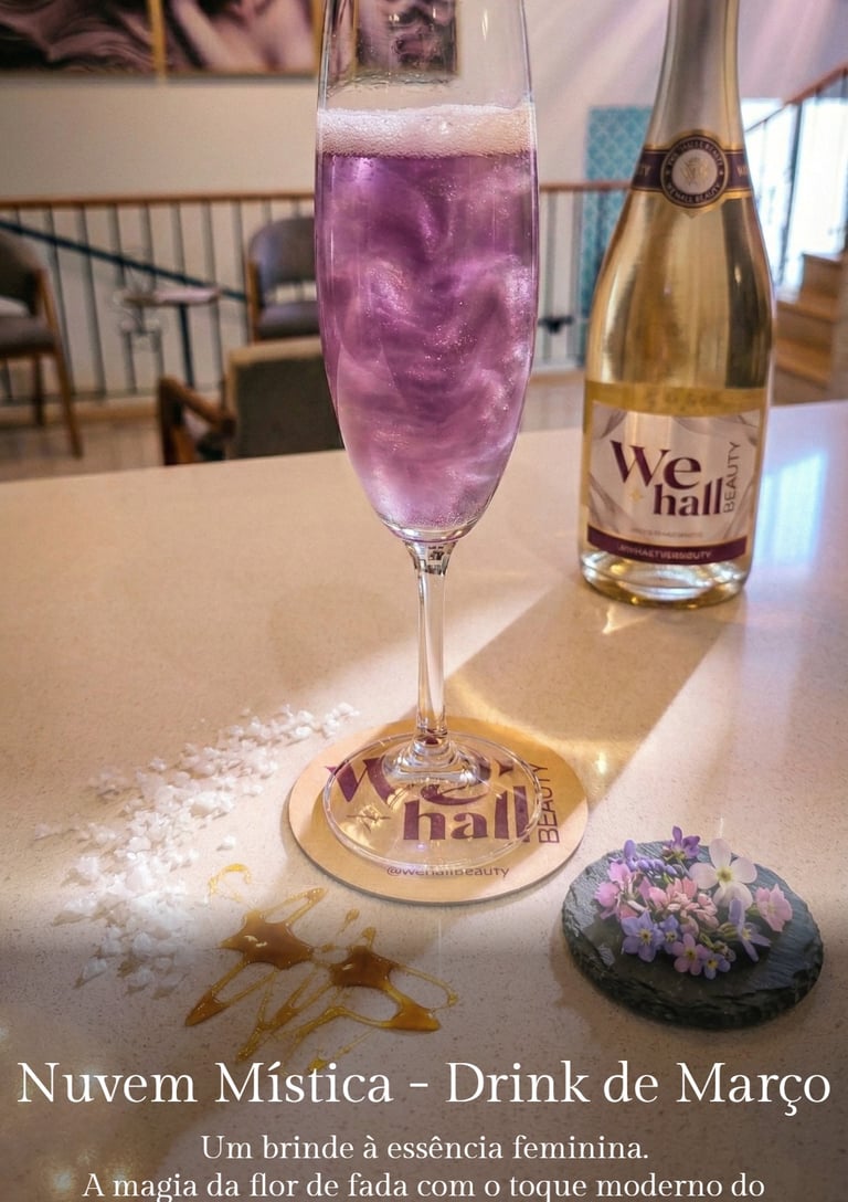 Taça alta com drink lilás cintilante efeito nuvem, sobre porta-copos no balcão. Fundo de salão com luz cinematográfica.