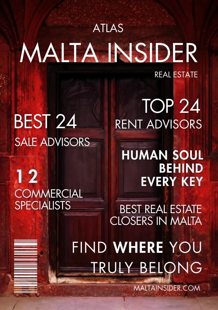 Malta Insider real estate magazine cover featuring a dark wooden door and red stone archway.