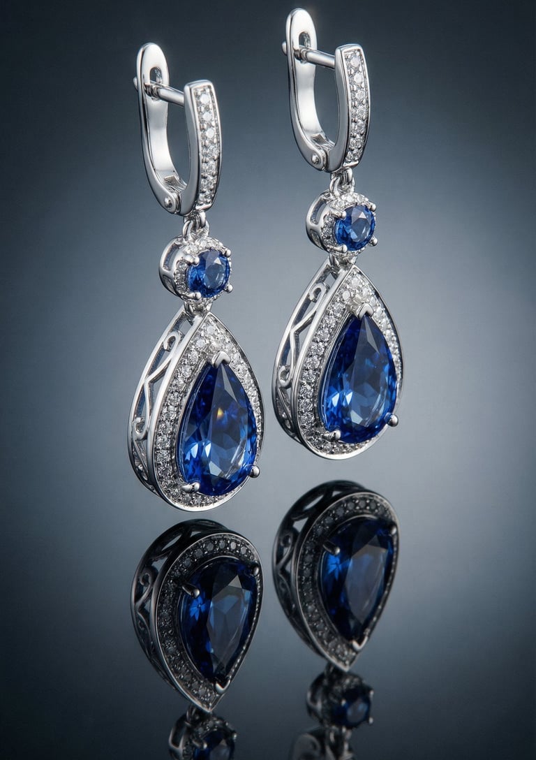 Elegant white gold pear-shaped sapphire drop earrings with diamond accents and filigree details.