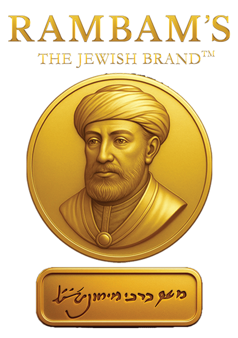 RAMBAM'S™ logo with THE JEWISH BRAND™, and a gold Rambam medallion & gold plaque engraved in Hebrew