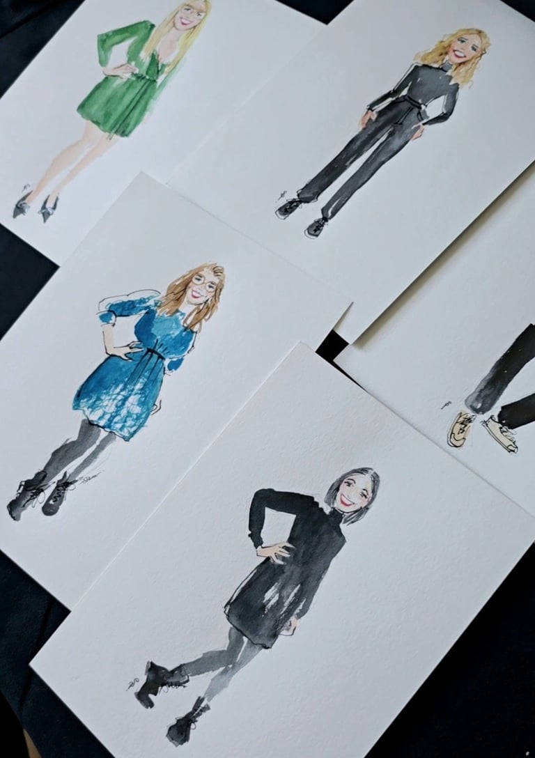 Bespoke live fashion illustrations in ink and watercolor by Sonya Parra